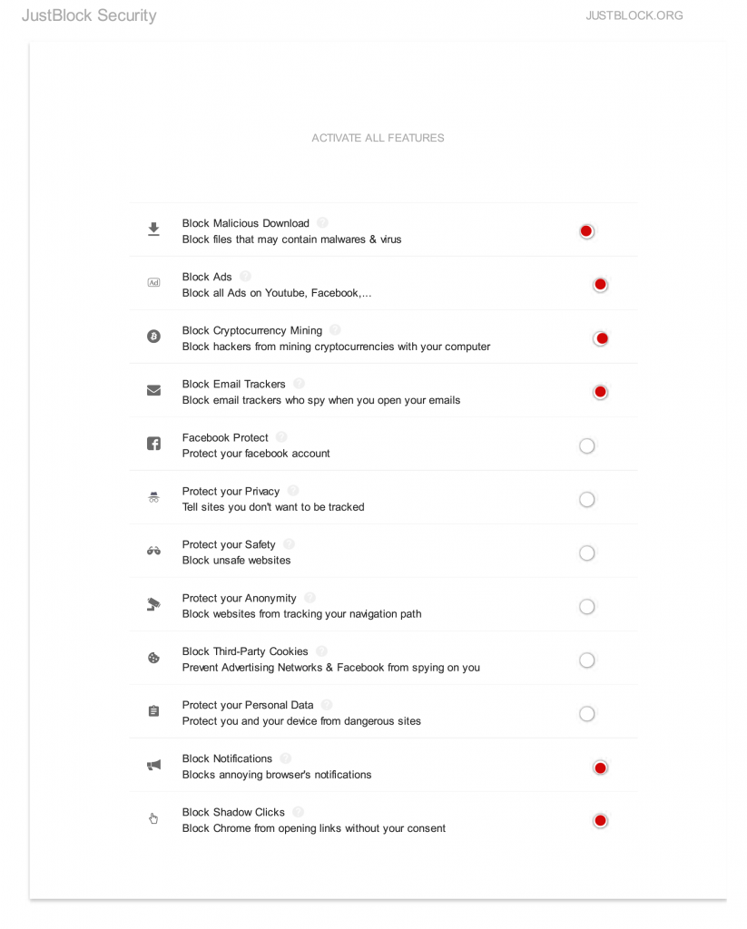 JustBlock Security Options | Praxis Technologies recommended security Google Chrome extension JustBlock Security